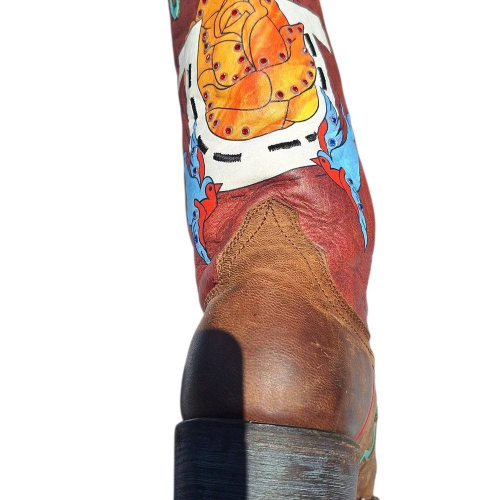 Ariat Quincy Bronco Boots Billie Red 7.5 Painted Cowgirl Western Cowboy Rare - Picture 3 of 15
